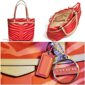 NWT Coach Signature Zebra Stripe Canvas Tote/Shoulder Bag Hot Orange & Coral